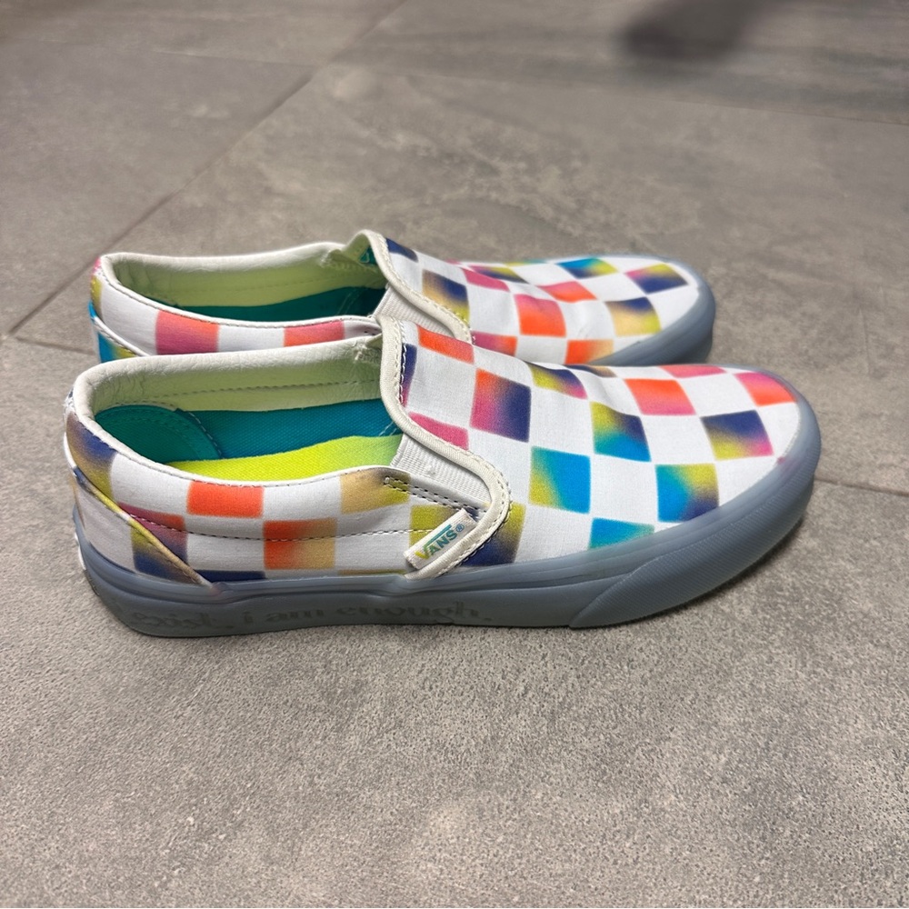 Vans Slip-On Cultivate Care Checkered Rainbow Skate Shoes Blue Gum Sole I Exist - Picture 8 of 11